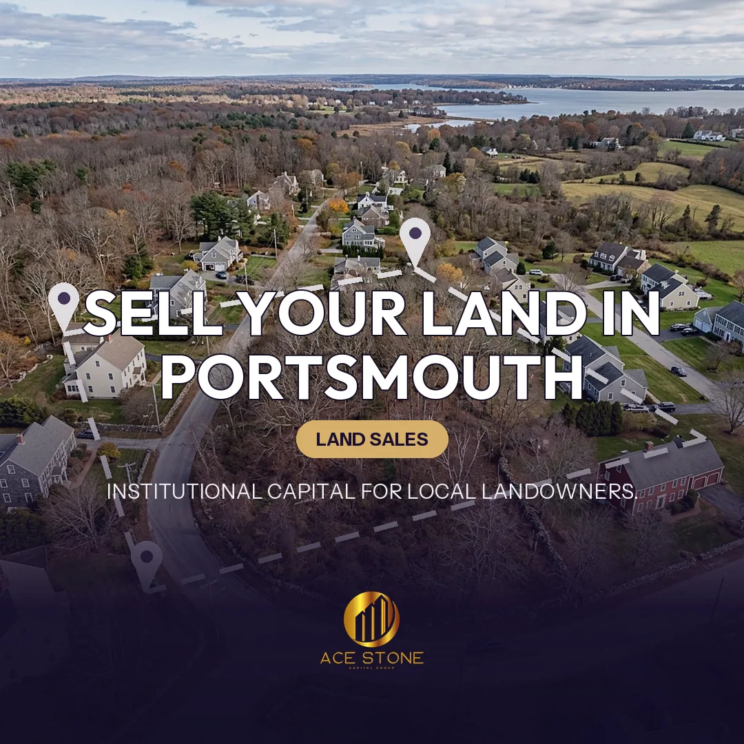 Editorial cover for AceStone Capital Group's land acquisition pathway in Portsmouth, Rhode Island, showing vacant residential land.