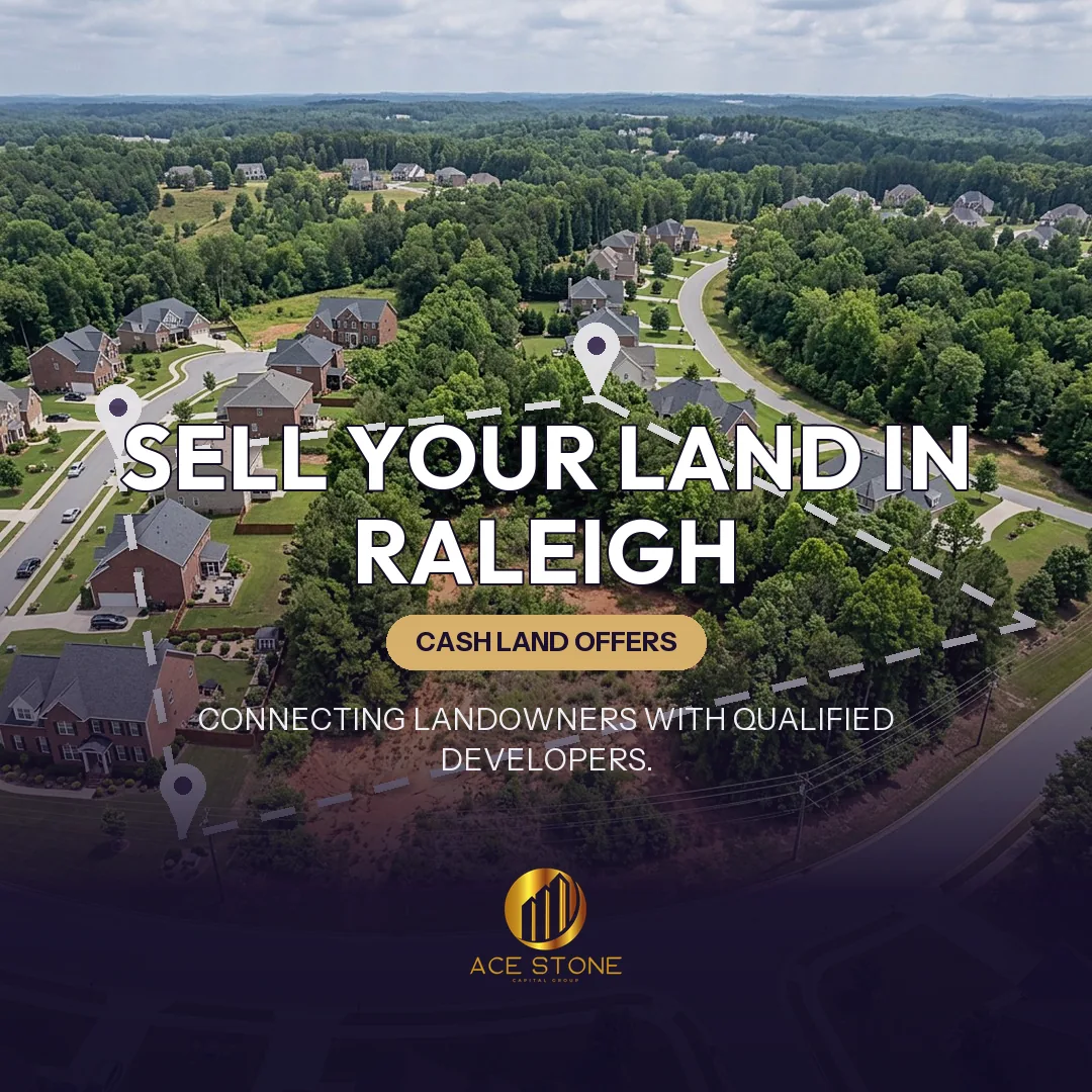 Editorial cover for AceStone Capital Group's land acquisition pathway in Raleigh, North Carolina, showing vacant residential land.