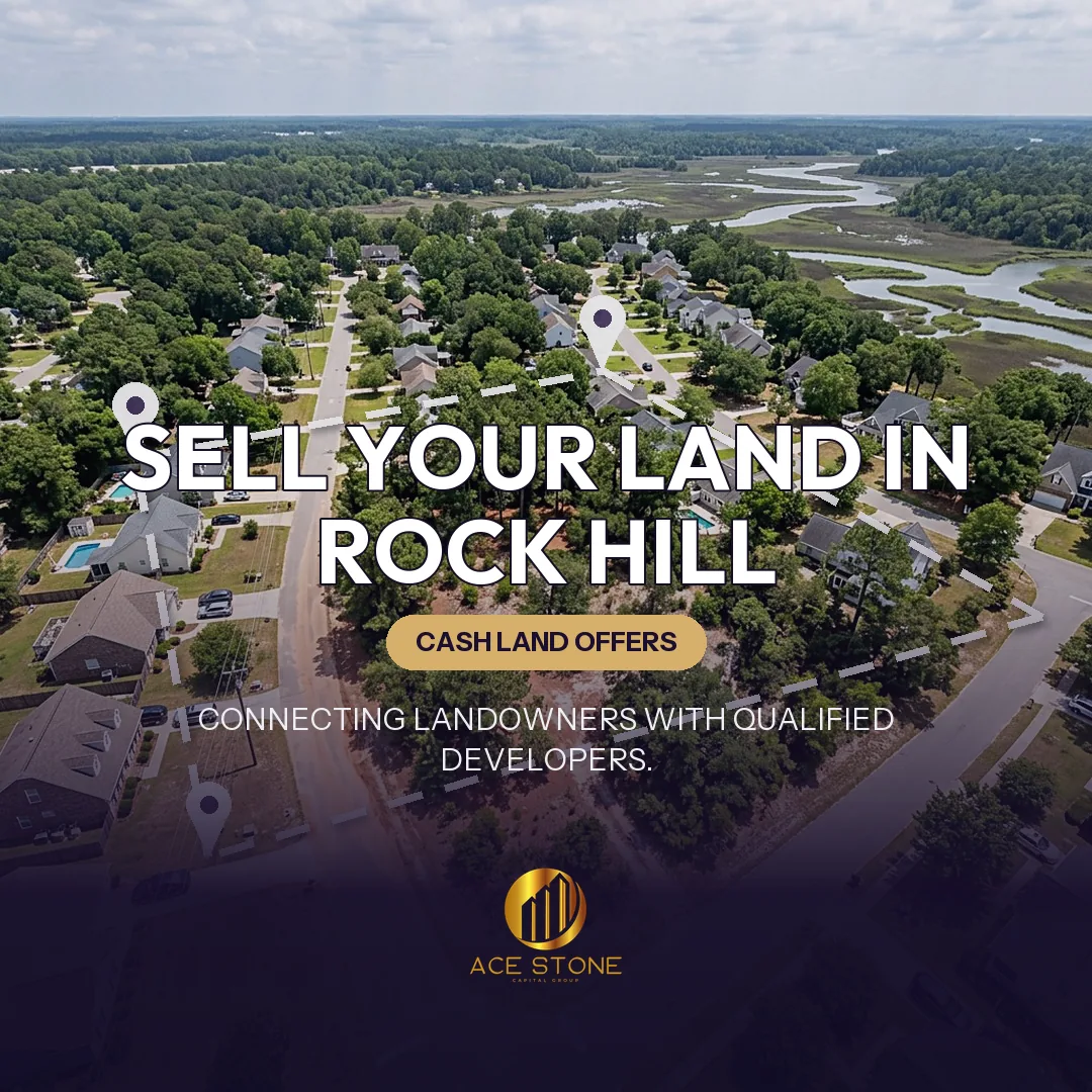Editorial cover for AceStone Capital Group's land acquisition pathway in Rock Hill, South Carolina, showing vacant residential land.