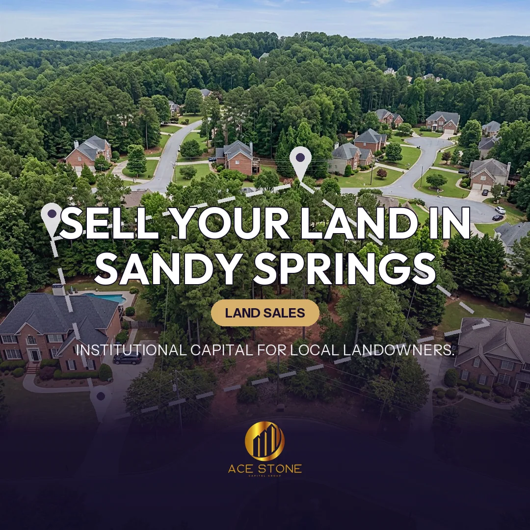 Editorial cover for AceStone Capital Group's land acquisition pathway in Sandy Springs, Georgia, showing vacant residential land.