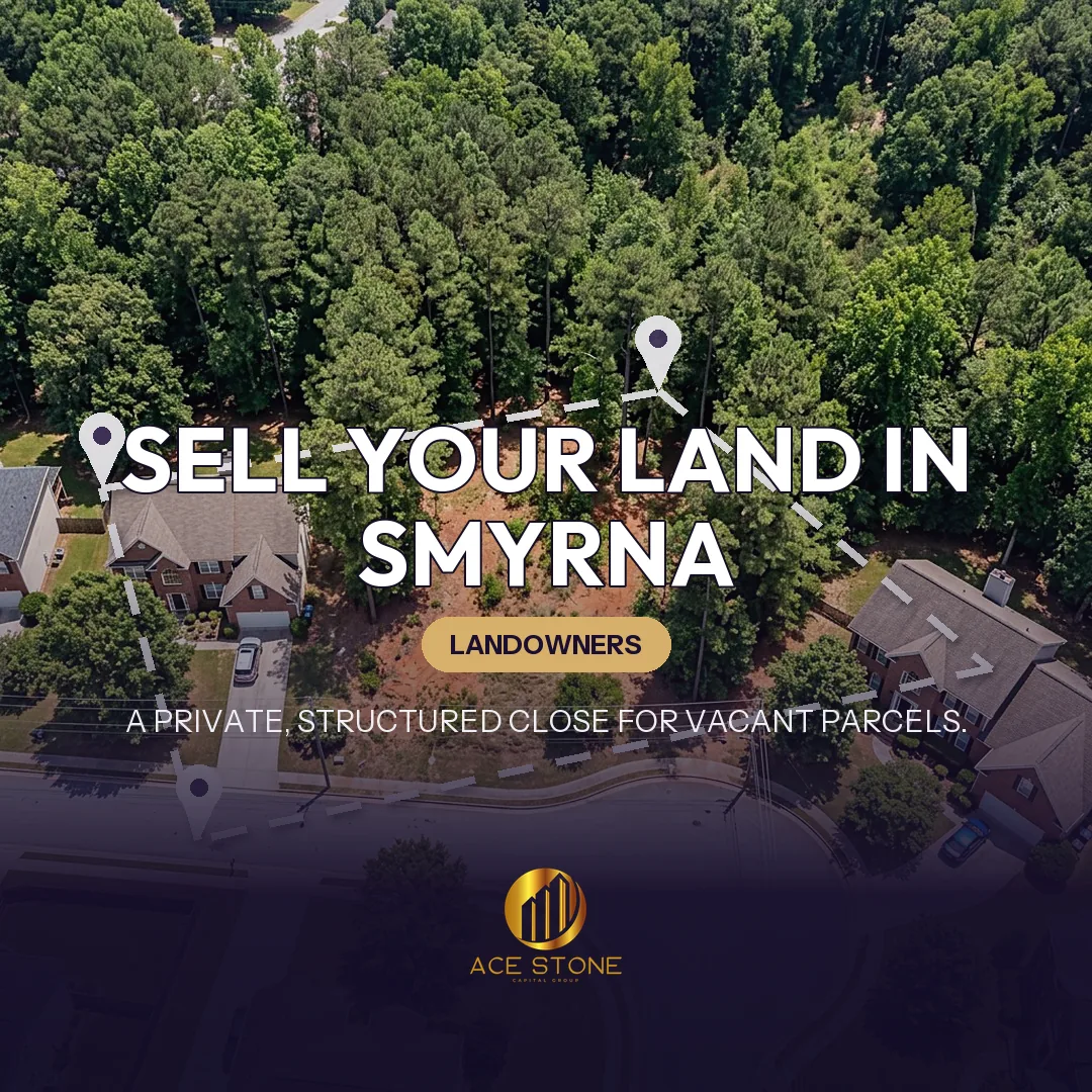 Editorial cover for AceStone Capital Group's land acquisition pathway in Smyrna, Georgia, showing vacant residential land.