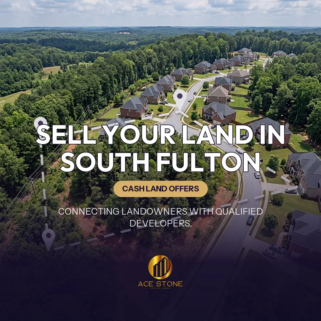 Editorial cover for AceStone Capital Group's land acquisition pathway in South Fulton, Georgia, showing vacant residential land.