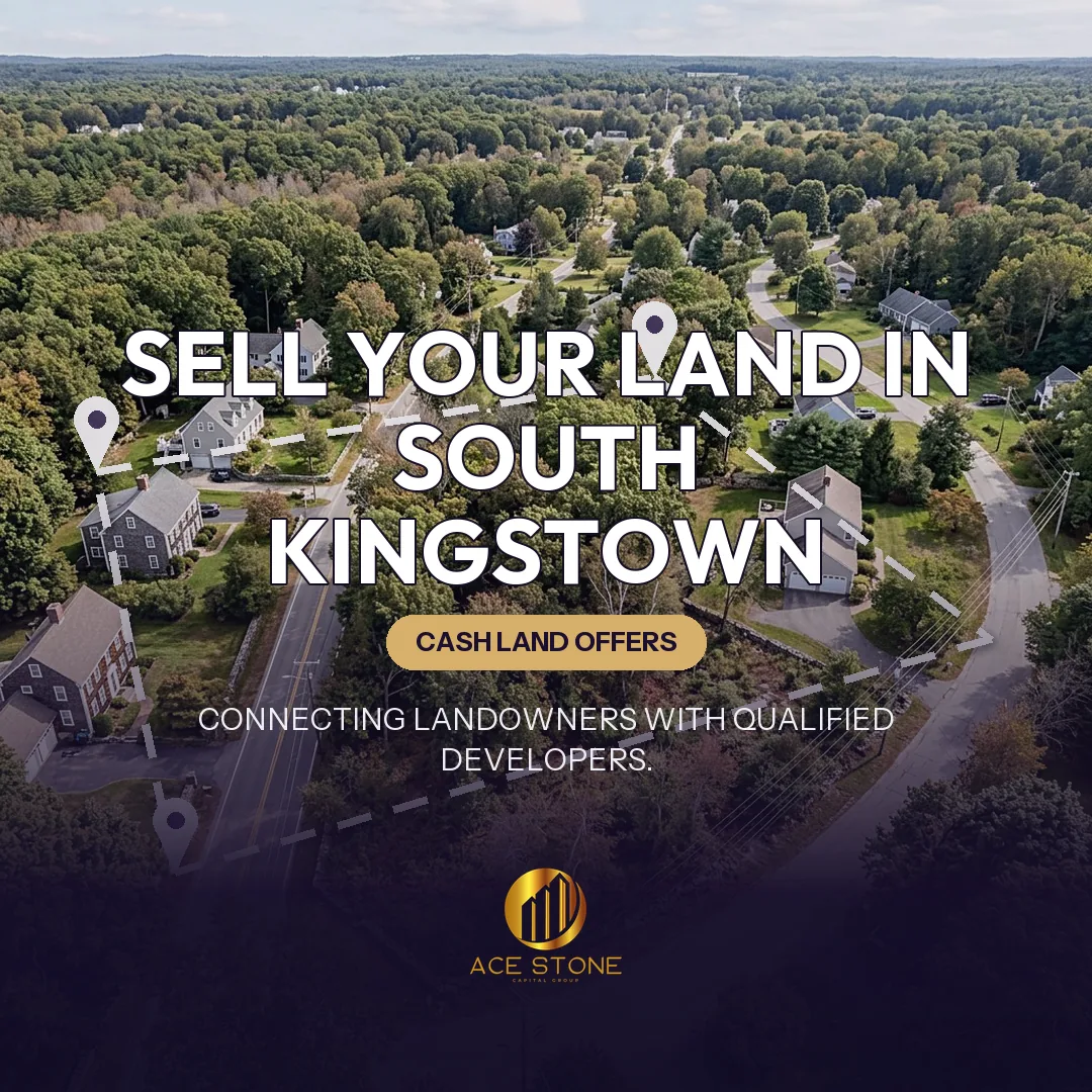 Editorial cover for AceStone Capital Group's land acquisition pathway in South Kingstown, Rhode Island, showing vacant residential land.