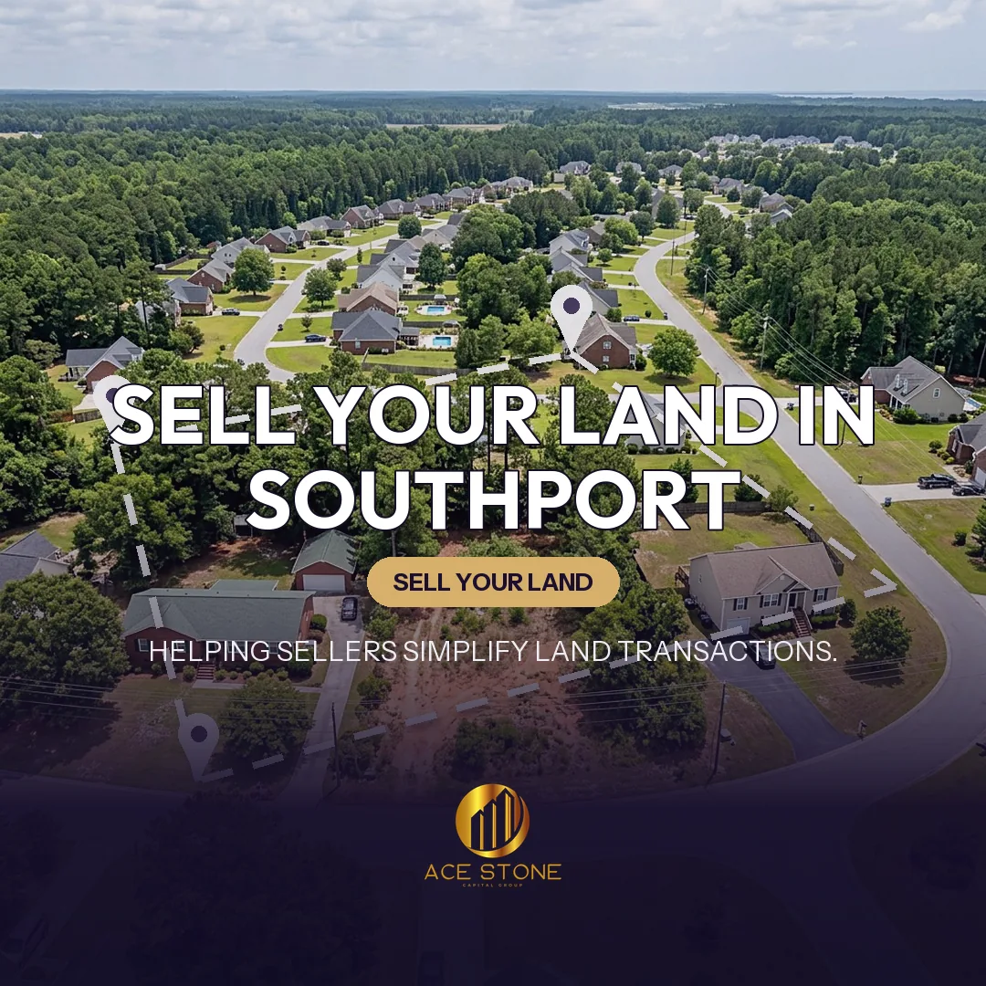 Editorial cover for AceStone Capital Group's land acquisition pathway in Southport, North Carolina, showing vacant residential land.