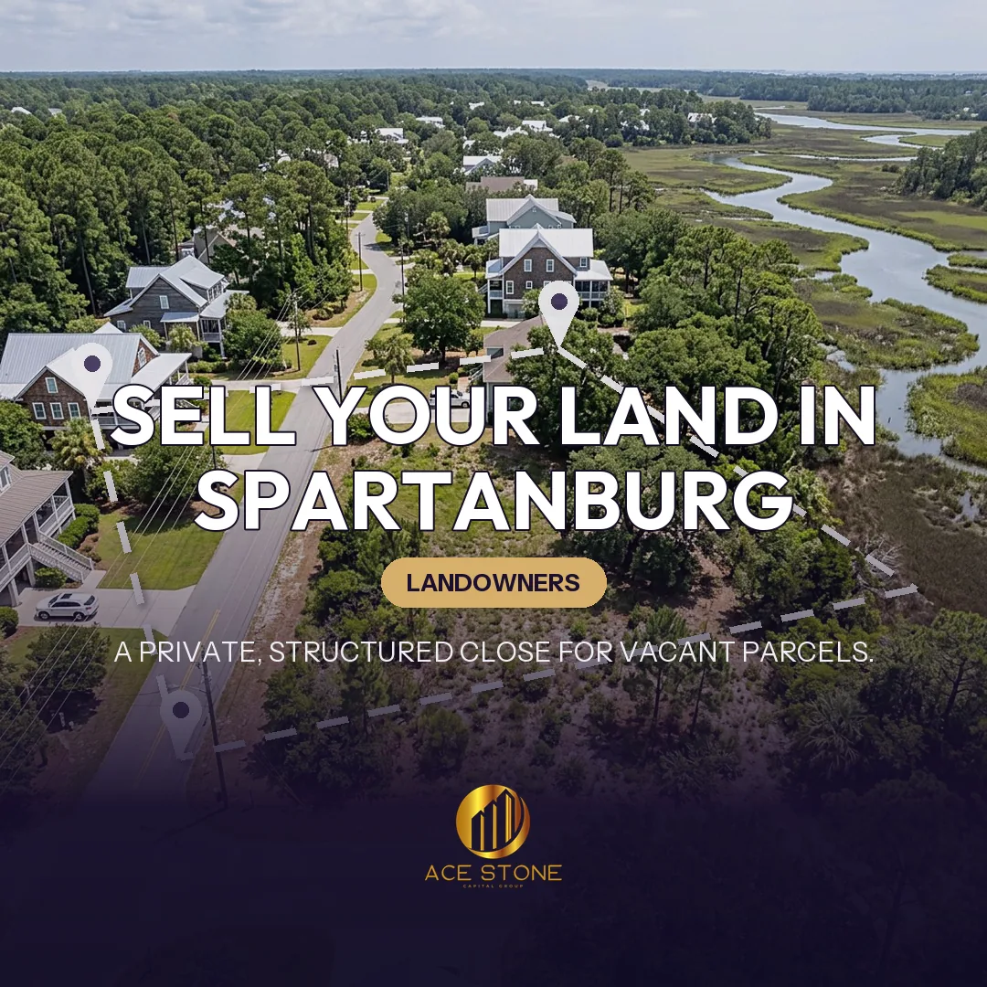 Editorial cover for AceStone Capital Group's land acquisition pathway in Spartanburg, South Carolina, showing vacant residential land.