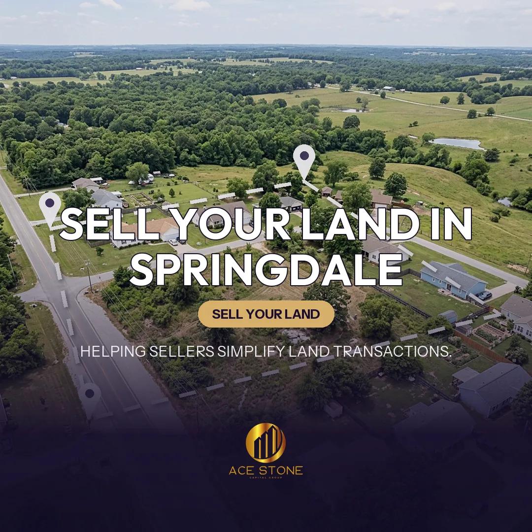 Editorial cover for AceStone Capital Group's land acquisition pathway in Springdale, Arkansas, showing vacant residential land.