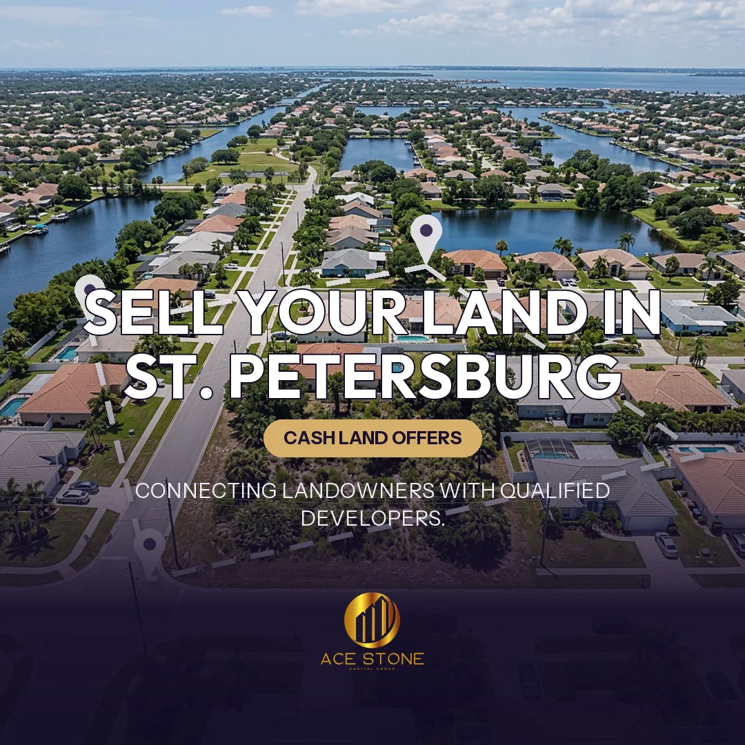 Editorial cover for AceStone Capital Group's land acquisition pathway in St. Petersburg, Florida, showing vacant residential land.