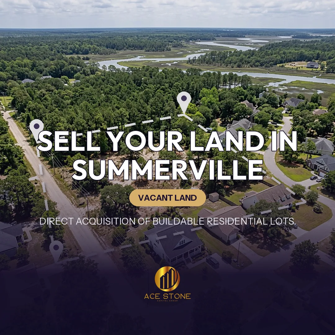 Editorial cover for AceStone Capital Group's land acquisition pathway in Summerville, South Carolina, showing vacant residential land.