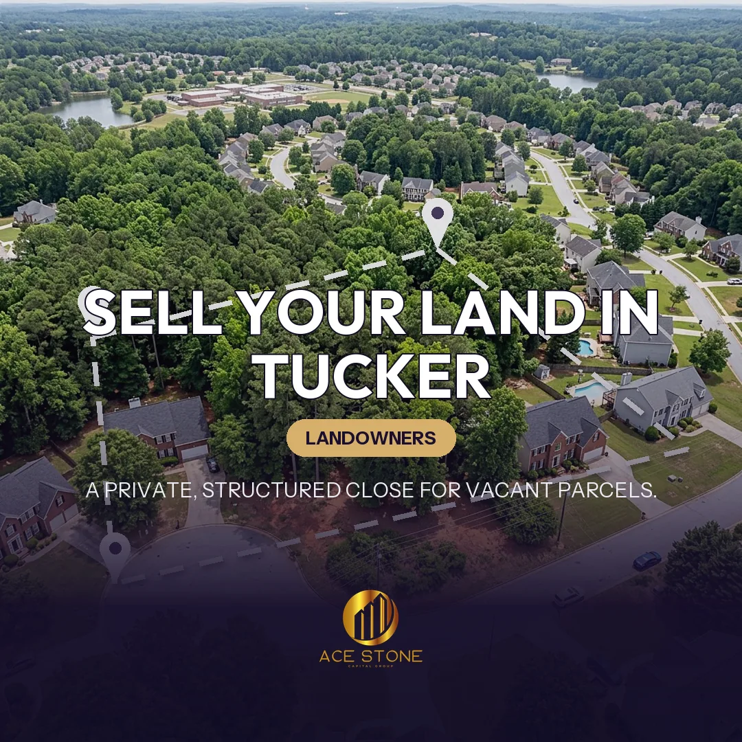 Editorial cover for AceStone Capital Group's land acquisition pathway in Tucker, Georgia, showing vacant residential land.