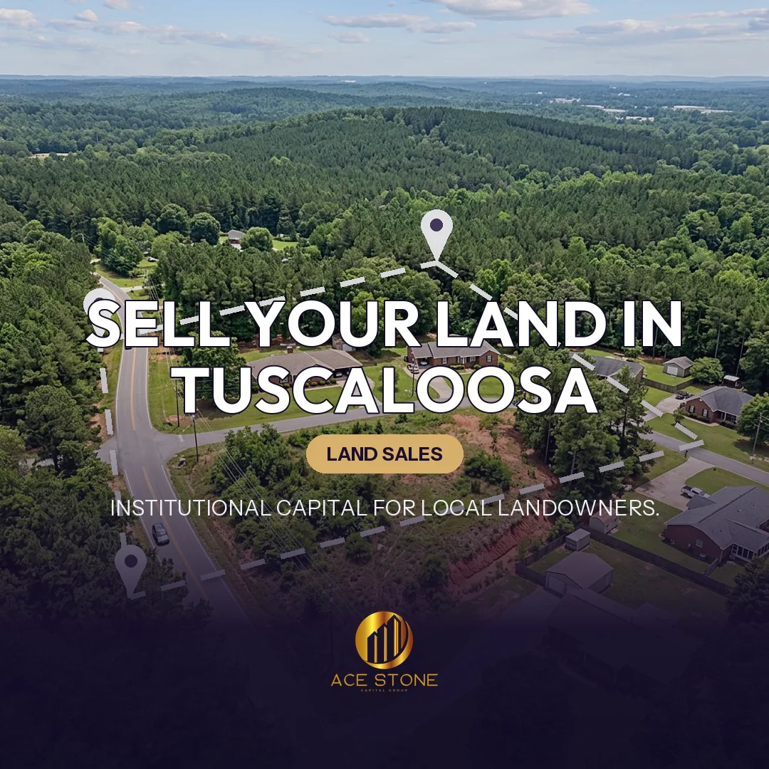 Editorial cover for AceStone Capital Group's land acquisition pathway in Tuscaloosa, Alabama, showing vacant residential land.