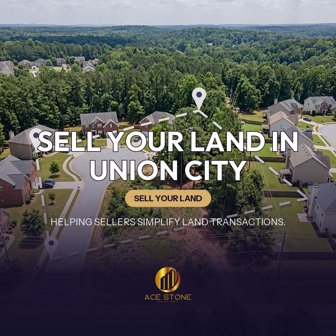 Editorial cover for AceStone Capital Group's land acquisition pathway in Union City, Georgia, showing vacant residential land.