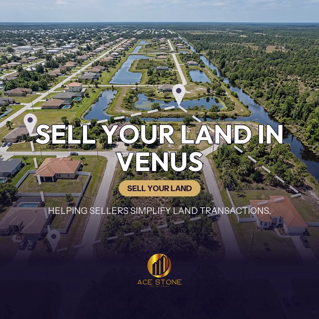Editorial cover for AceStone Capital Group's land acquisition pathway in Venus, Florida, showing vacant residential land.
