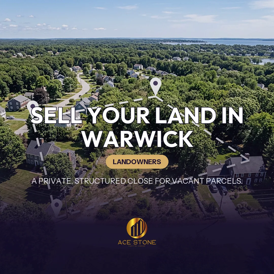 Editorial cover for AceStone Capital Group's land acquisition pathway in Warwick, Rhode Island, showing vacant residential land.