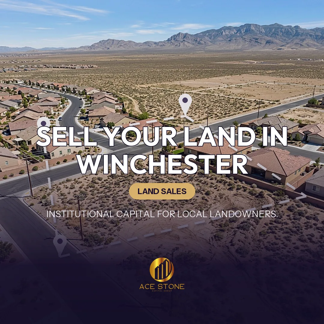 Editorial cover for AceStone Capital Group's land acquisition pathway in Winchester, Nevada, showing vacant residential land.