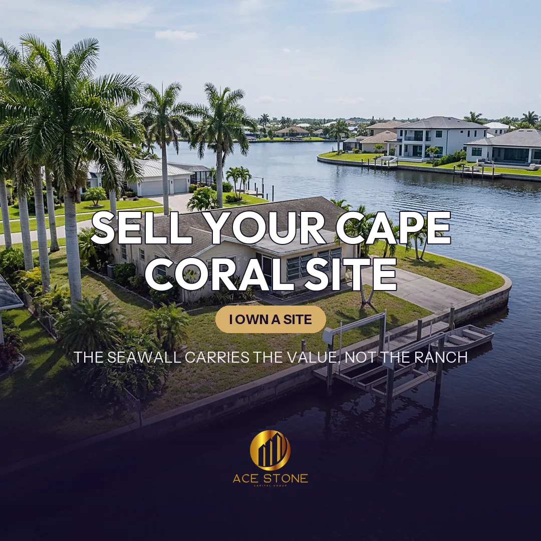 Improved redevelopment site on a Cape Coral gulf-access canal lot with an aging seawall.
