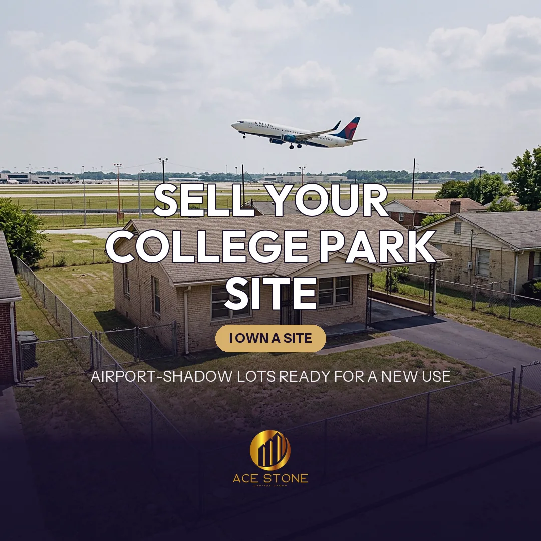 Airport-perimeter bungalow on a College Park lot positioned for redevelopment.