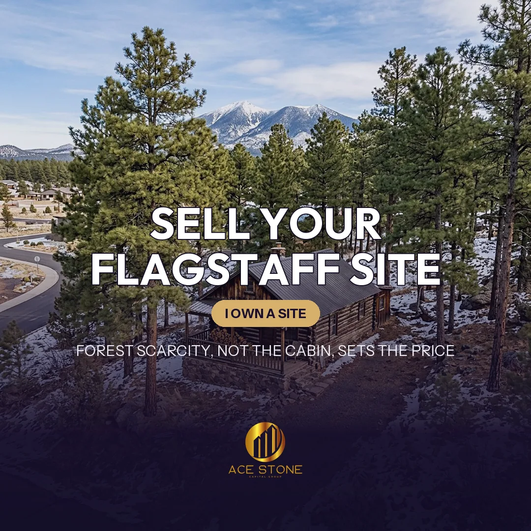 Older cabin-style house on a forested ponderosa pine lot in Flagstaff.