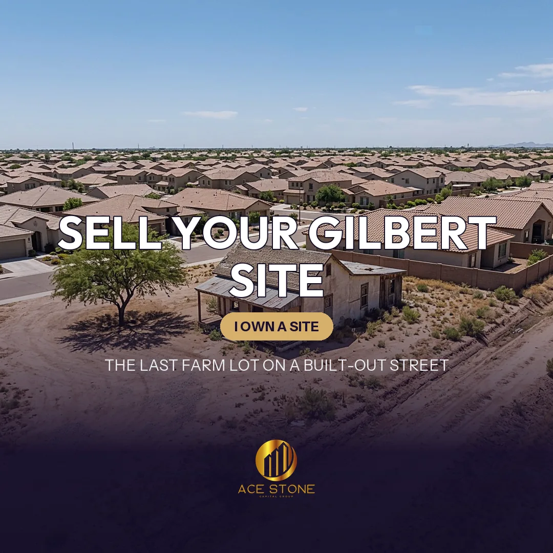 Original farmhouse on an oversized legacy lot surrounded by newer Gilbert subdivisions.