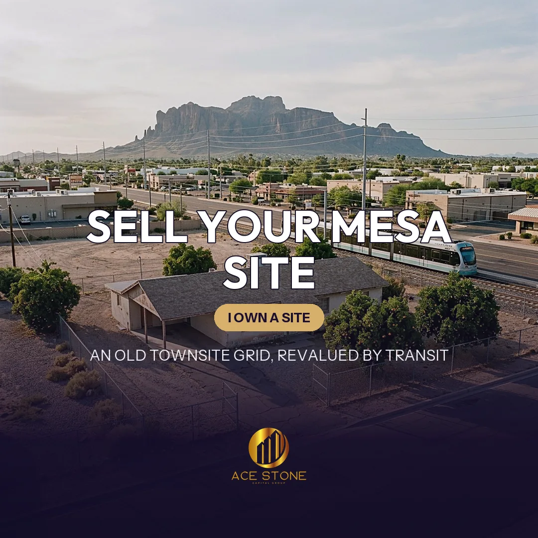 1950s ranch house on a wide Mesa lot near a light-rail corridor.