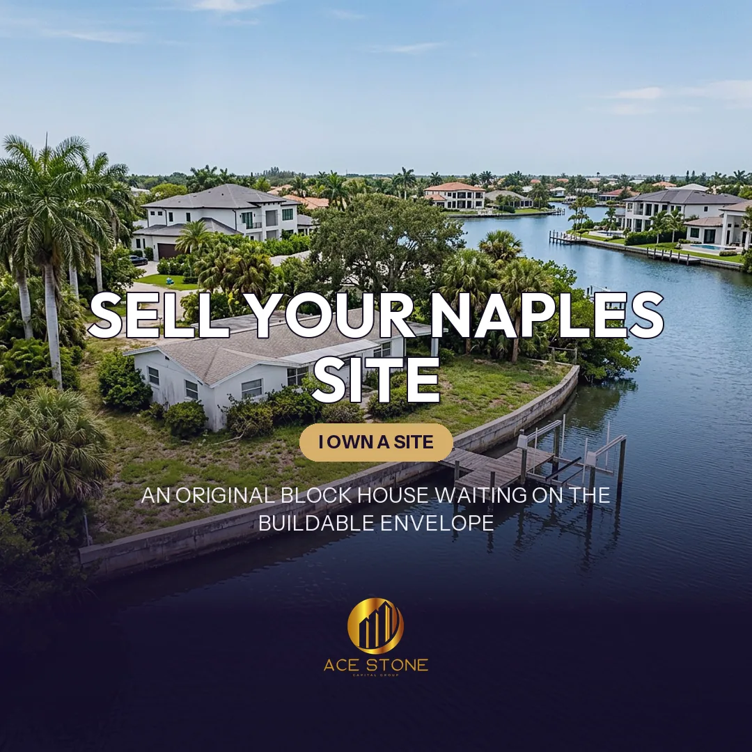 Improved redevelopment site on an original Naples waterfront lot with an aging block home.