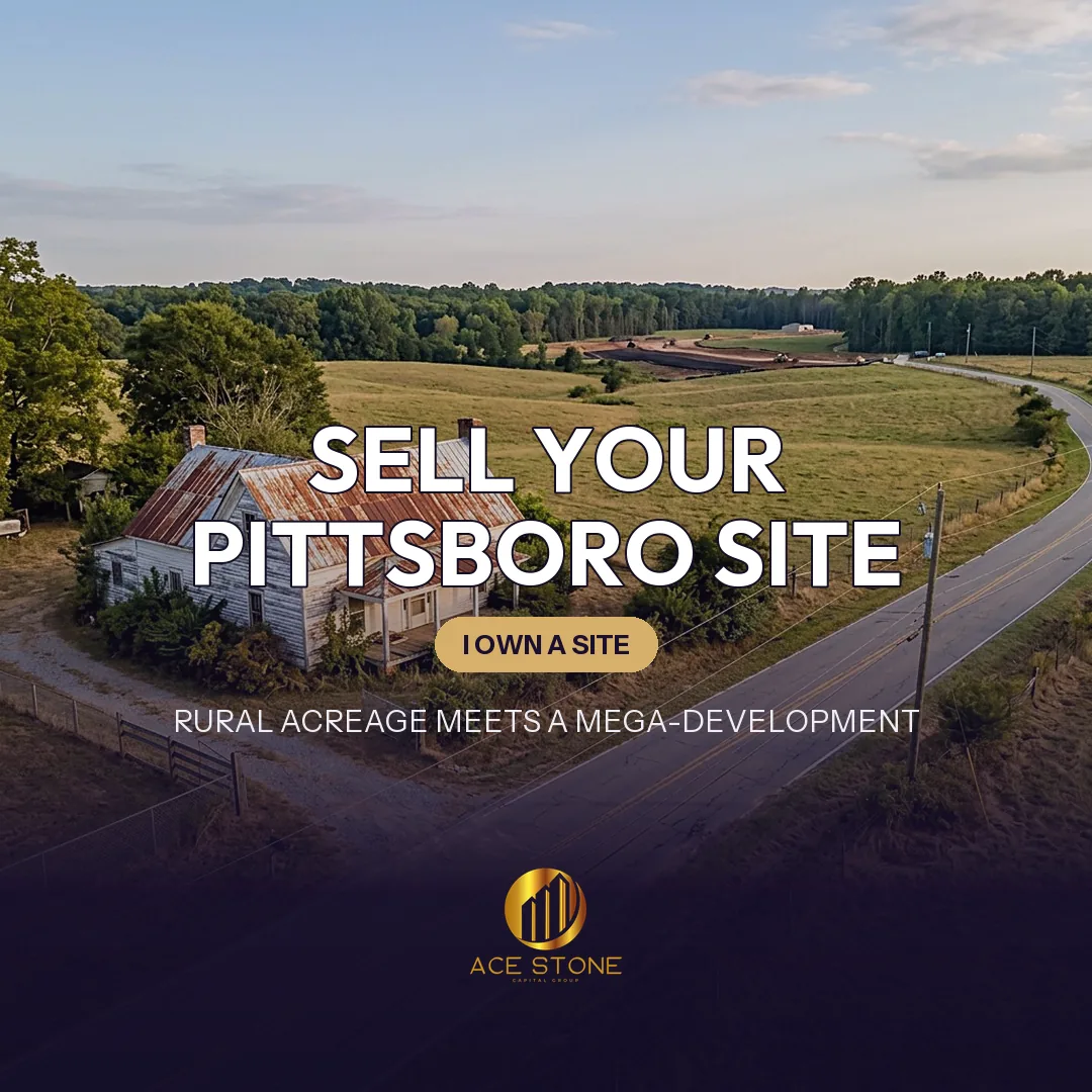 Improved redevelopment site on a Pittsboro, North Carolina acreage parcel near the Chatham Park development boundary.