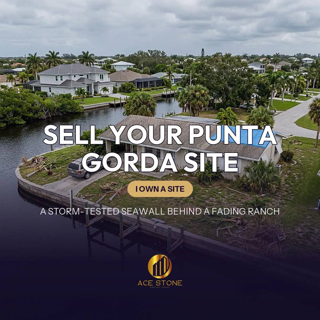 Improved redevelopment site on a Punta Gorda gulf-access canal lot with storm-affected home.