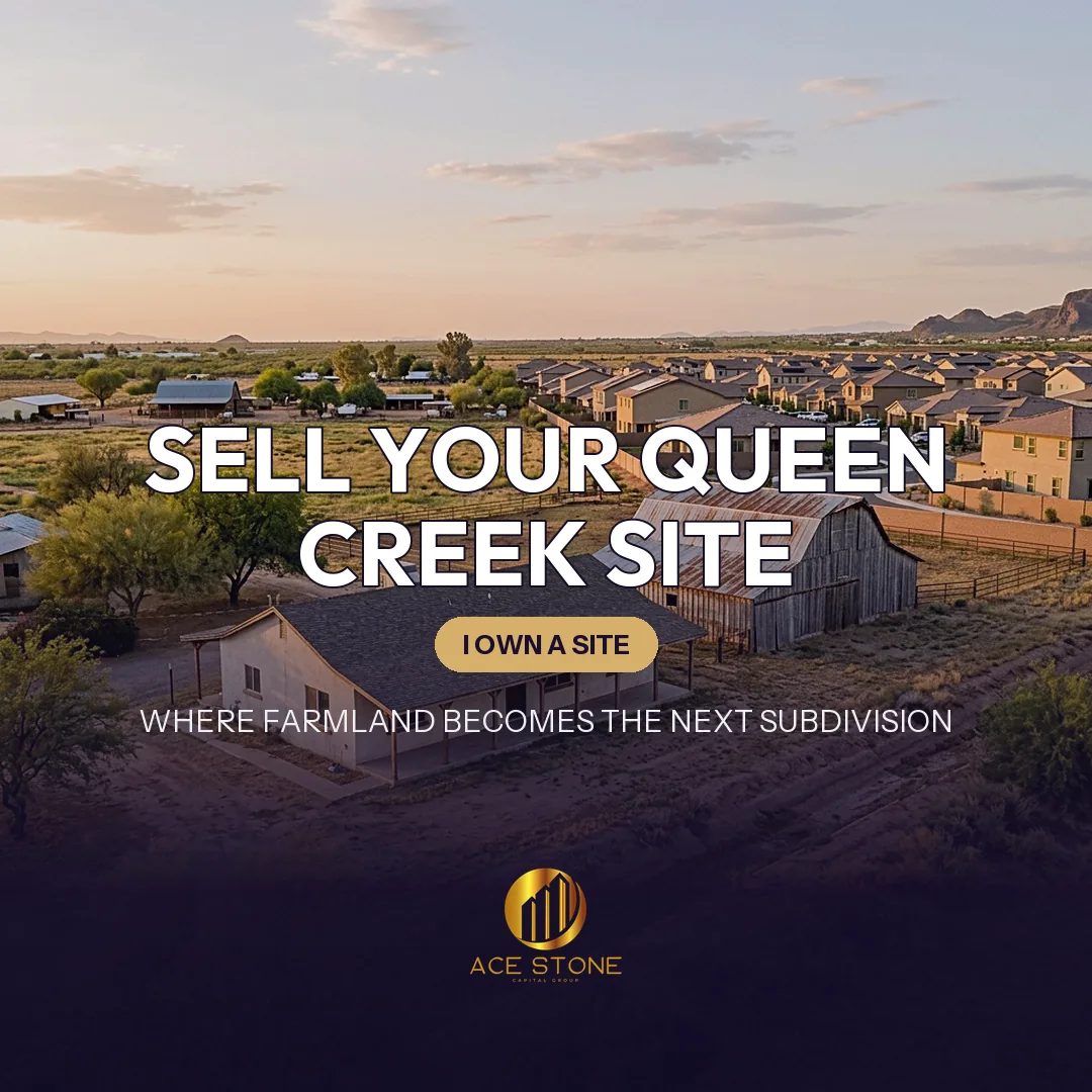 Older ranch house on irrigated former agricultural land in Queen Creek.