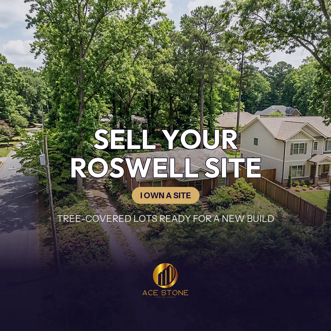 1970s ranch house on a tree-covered Roswell lot positioned for custom rebuild.